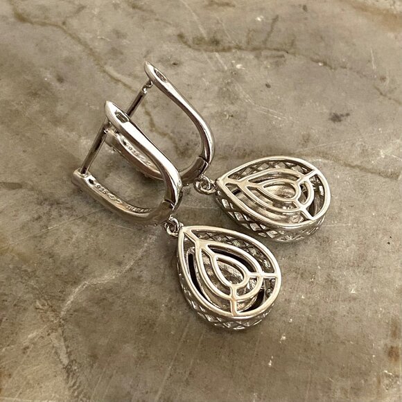 Sterling Silver 925 Cubic Zirconia CZ Teardrop Dangle Earrings Hinged Back - Picture 7 of 16